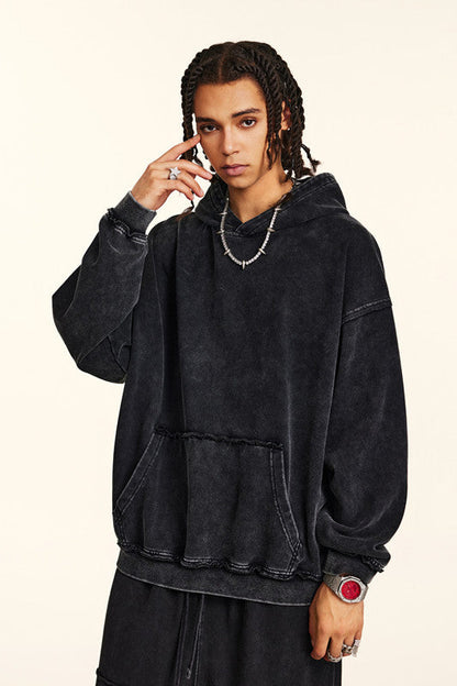 410GSM Distressed Sleeve Pockets Washed Hoodie