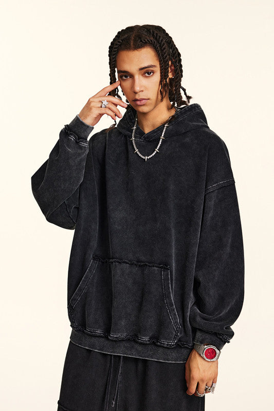 410GSM Distressed Sleeve Pockets Washed Hoodie