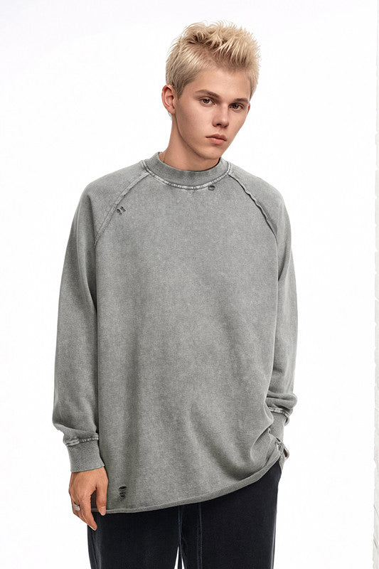 330GSM Raglan Long Sleeve Distressed Raw Hem Crew