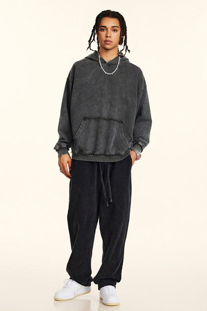 410GSM Distressed Sleeve Pockets Washed Hoodie