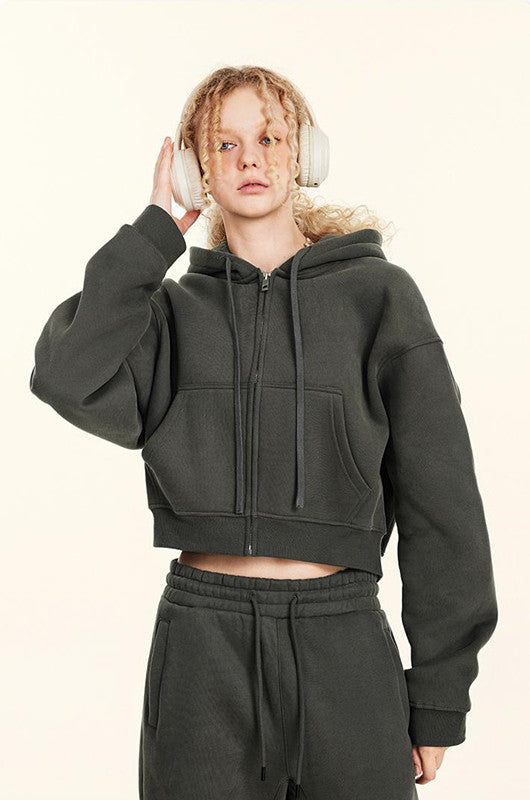 345GSM Fleece Zipper Crop Solid Hoodie