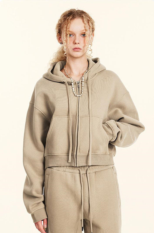 345GSM Fleece Zipper Crop Solid Hoodie