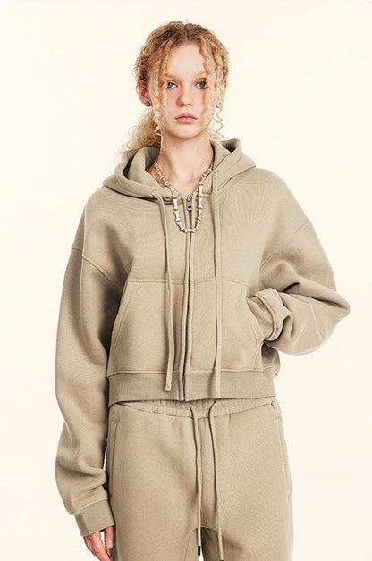 345GSM Fleece Zipper Crop Solid Hoodie