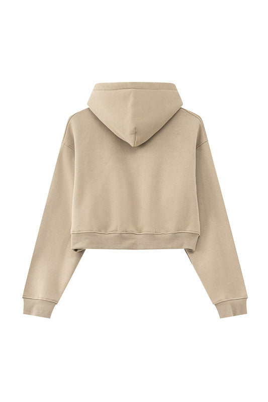 345GSM Fleece Zipper Crop Solid Hoodie