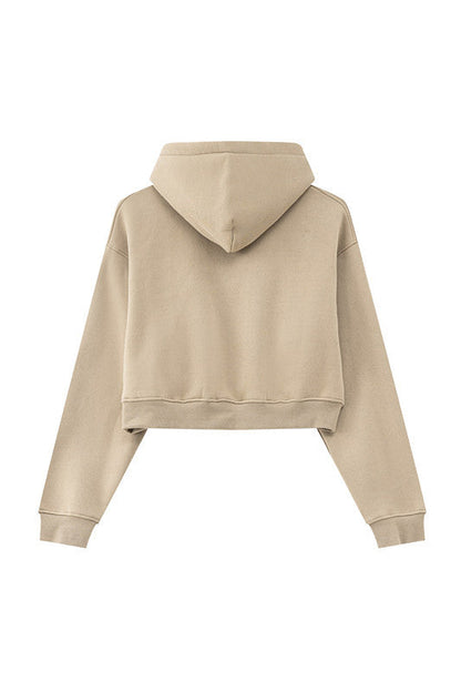 345GSM Fleece Zipper Crop Solid Hoodie