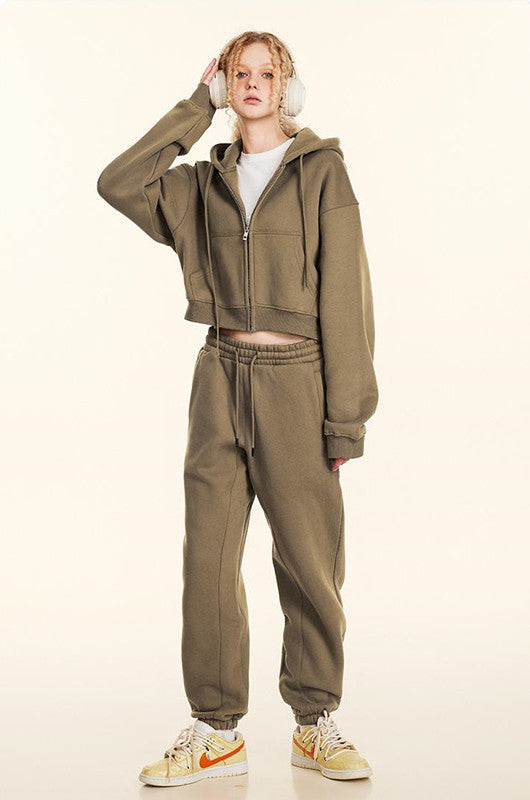 345GSM Fleece Zipper Crop Solid Hoodie