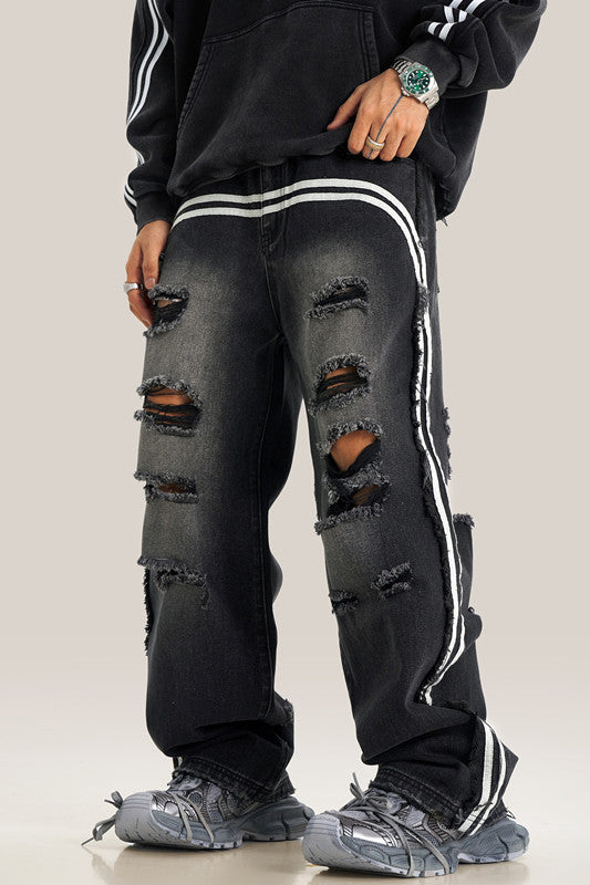 405GSM Distressed Stripe Washed Jeans