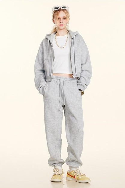 345GSM Fleece Zipper Crop Solid Hoodie