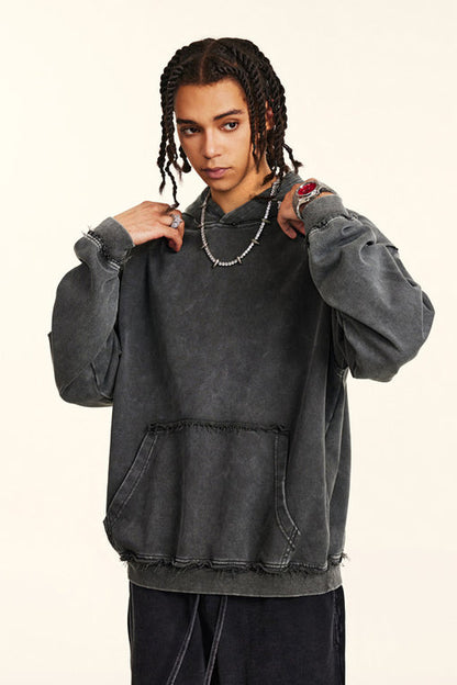 410GSM Distressed Sleeve Pockets Washed Hoodie
