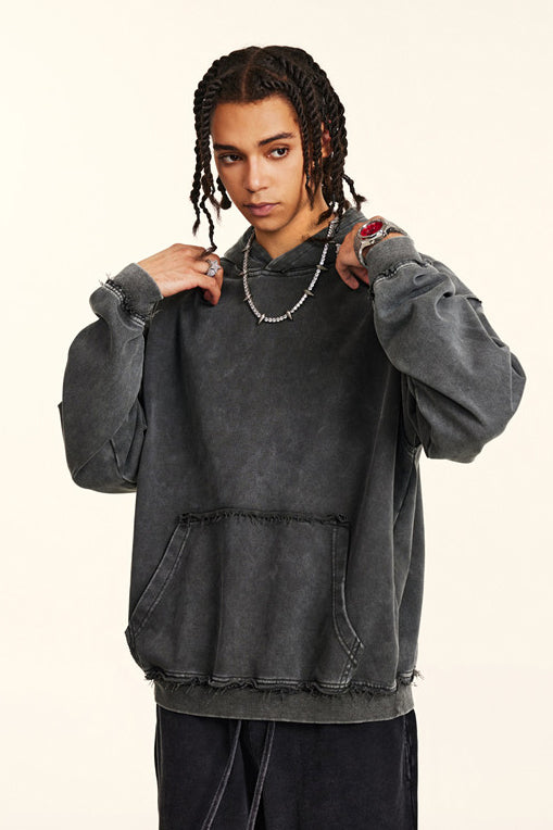 410GSM Distressed Sleeve Pockets Washed Hoodie
