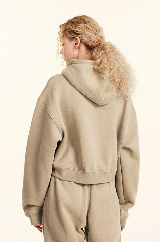 345GSM Fleece Zipper Crop Solid Hoodie