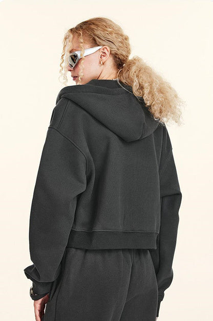345GSM Fleece Zipper Crop Solid Hoodie