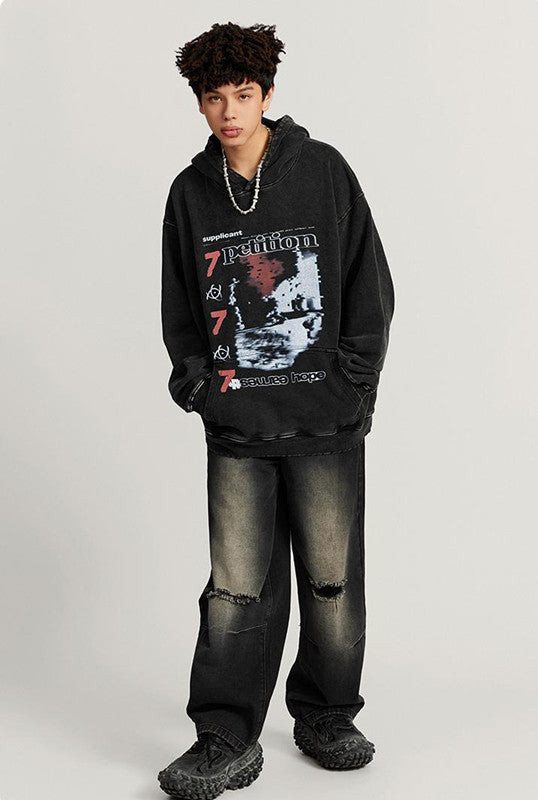 420GSM Over Pocket Printed Washed Hoodie