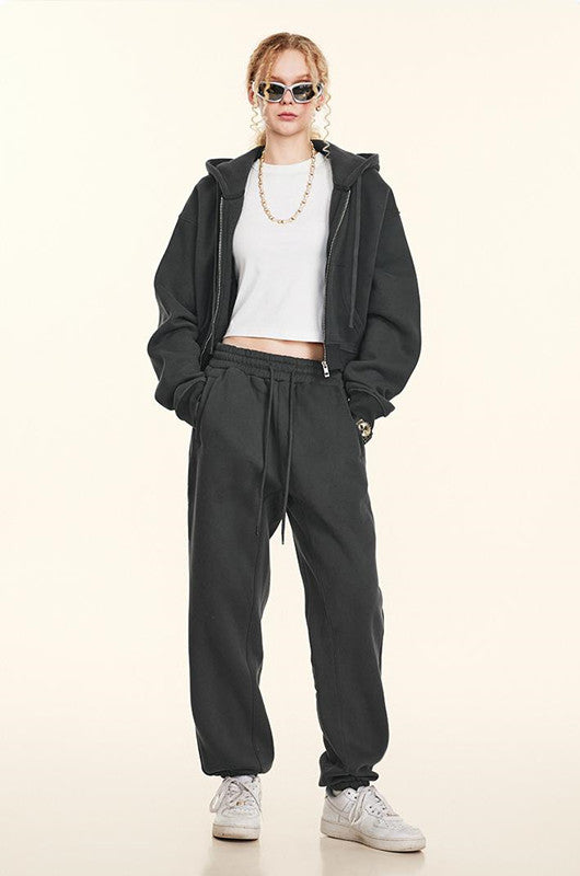 345GSM Fleece Zipper Crop Solid Hoodie