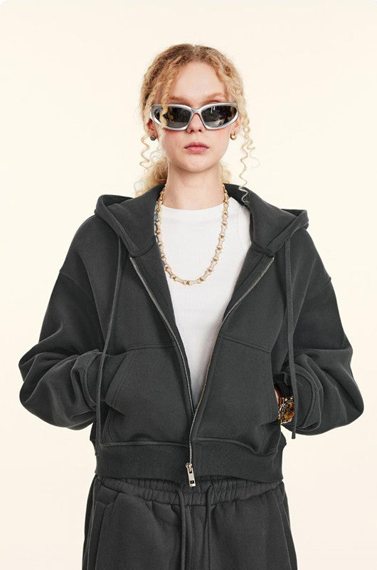 345GSM Fleece Zipper Crop Solid Hoodie