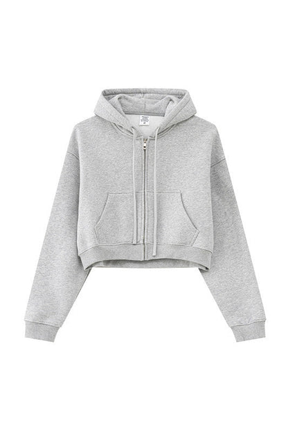 345GSM Fleece Zipper Crop Solid Hoodie