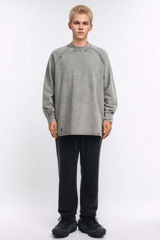 330GSM Raglan Long Sleeve Distressed Raw Hem Crew