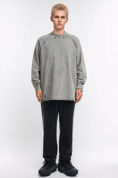 330GSM Raglan Long Sleeve Distressed Raw Hem Crew