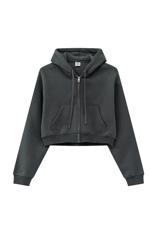 345GSM Fleece Zipper Crop Solid Hoodie