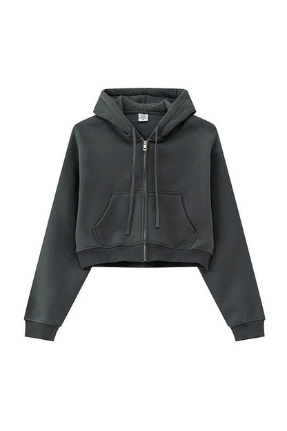 345GSM Fleece Zipper Crop Solid Hoodie