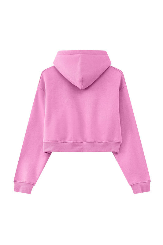 345GSM Fleece Zipper Crop Solid Hoodie