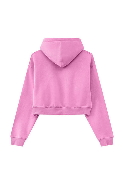 345GSM Fleece Zipper Crop Solid Hoodie