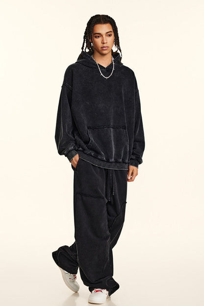 410GSM Distressed Sleeve Pockets Washed Hoodie